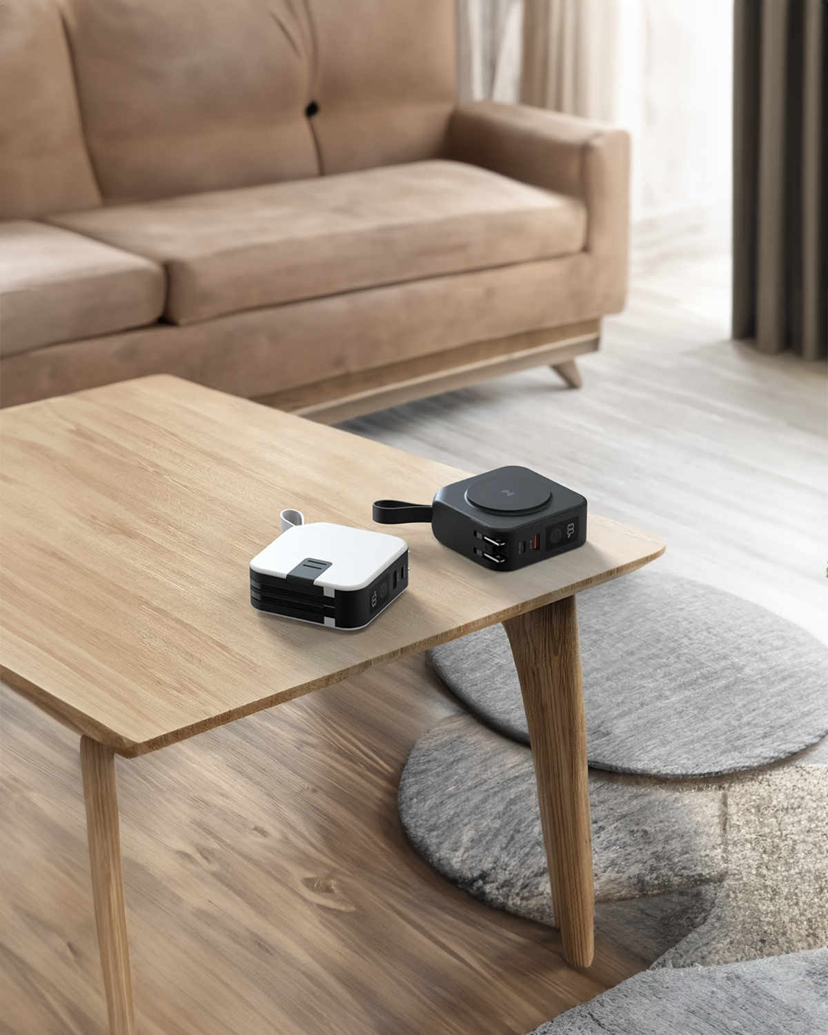 The travelcharge magnetic fast wireless powerbank charger sitting on a bench in a living room